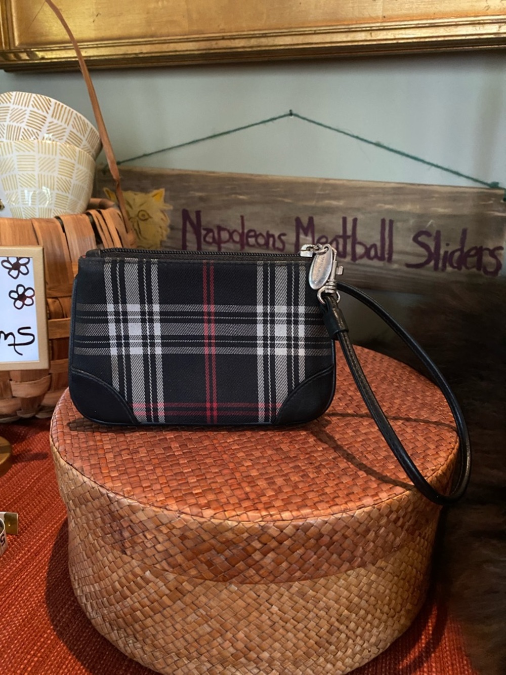 Liz Claiborne Black Plaid Wristlet with Red and White Stripes